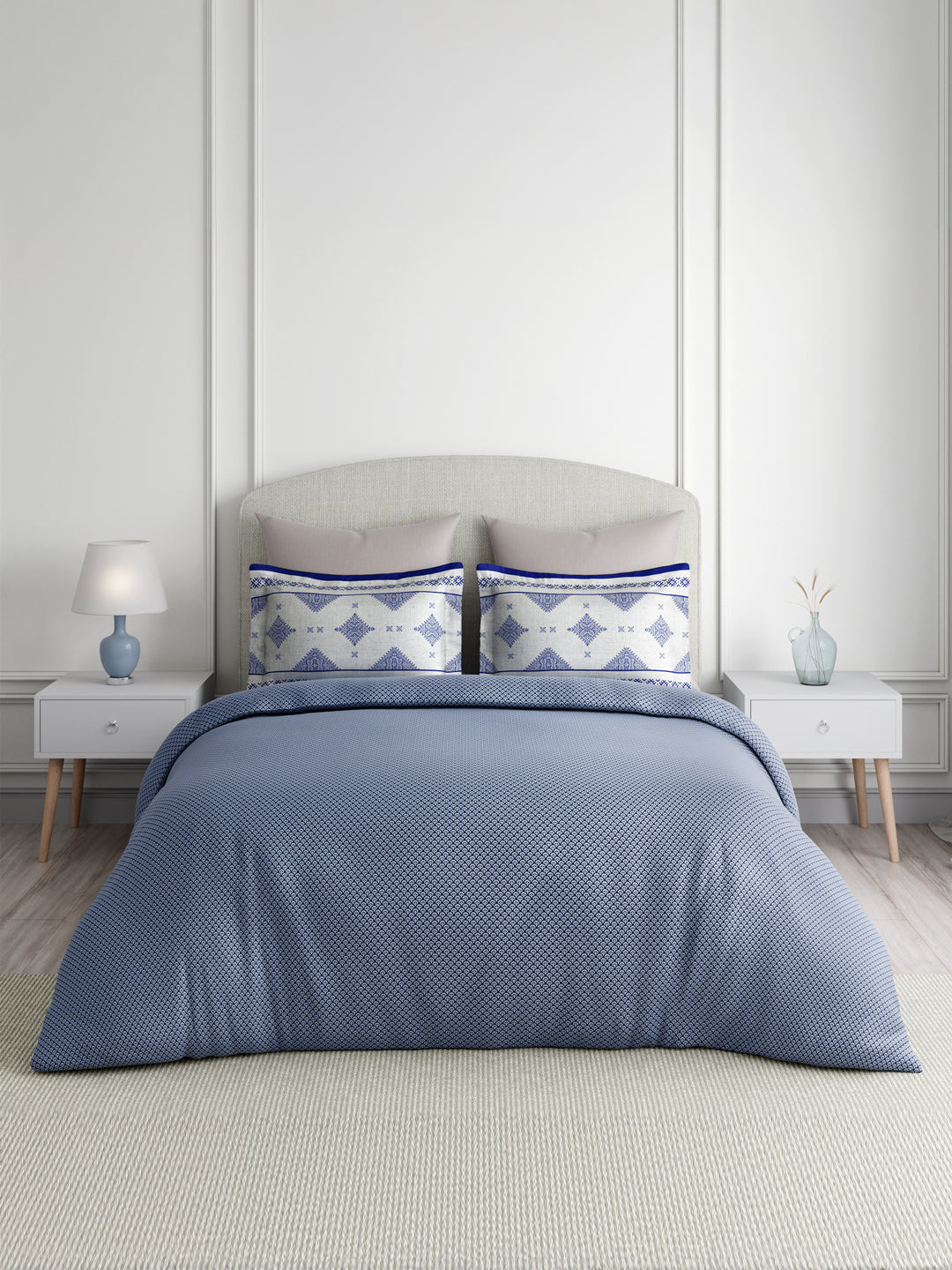 Heritage Walk 100% Egyptian Cotton 200 TC Blue Ethnic Print King Bedsheet with 2 Pillow Covers