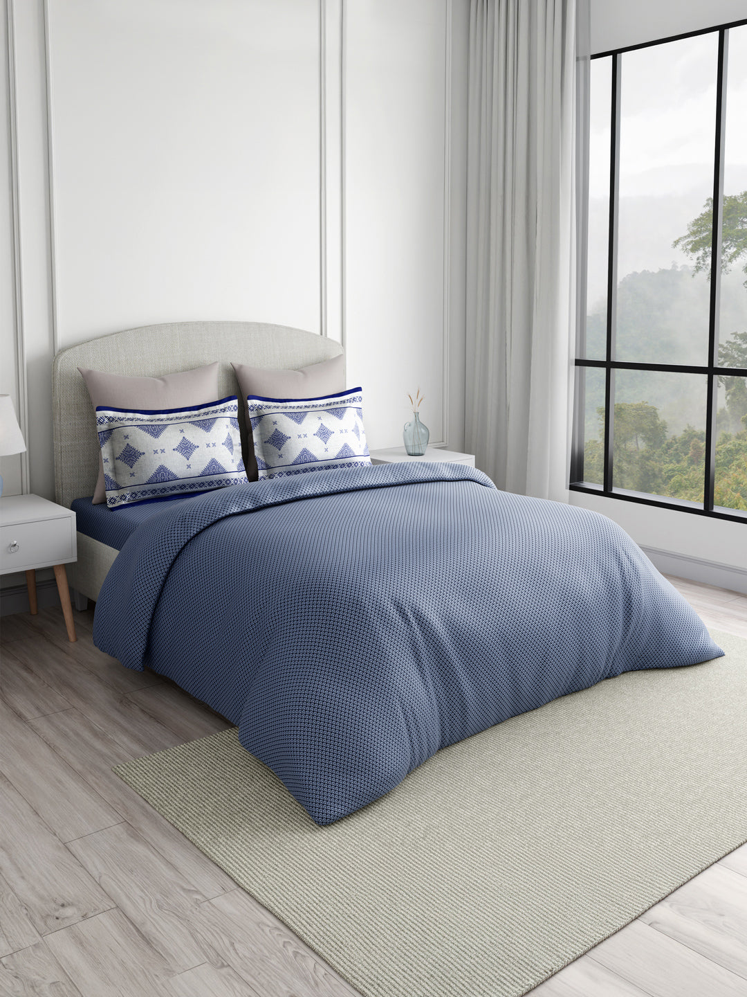 Heritage Walk 100% Egyptian Cotton 200 TC Blue Ethnic Print King Bedsheet with 2 Pillow Covers