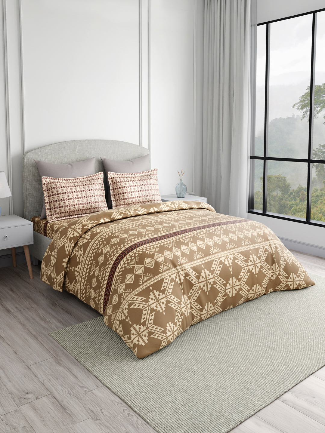 Valatia Gypsy 100% Cotton 200 TC Ethnic Printed King Bedsheet with 2 Pillow Covers - Brown & White