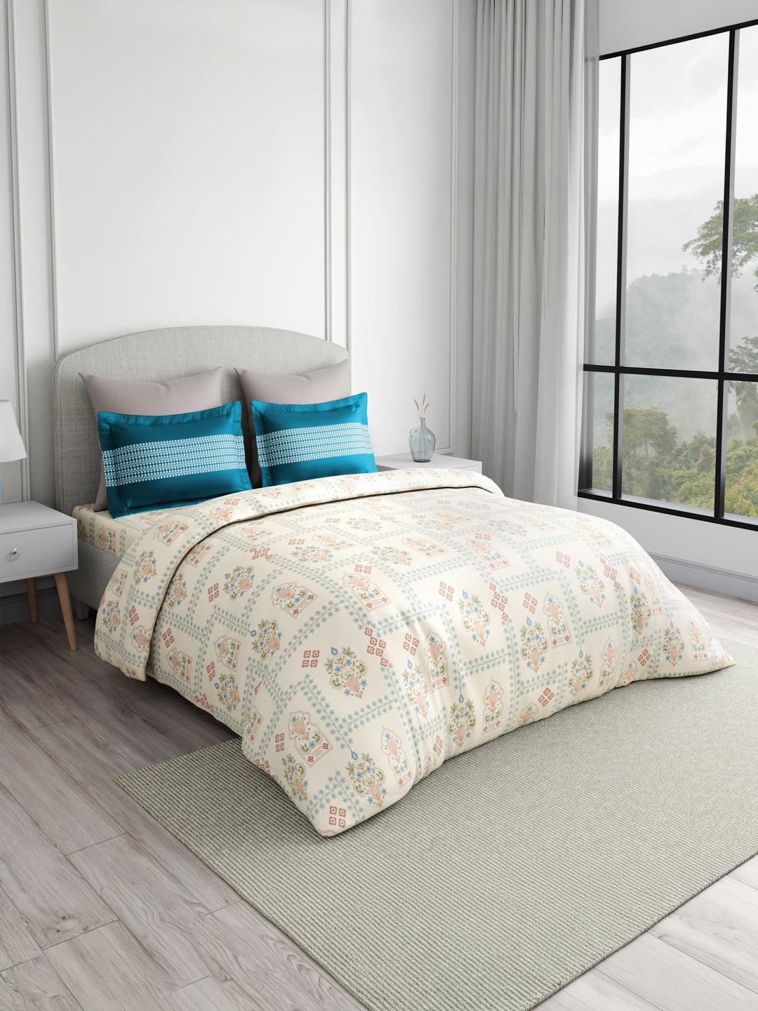 Valatia 100% Cotton 200 TC Karigari Printed Double Bedsheet with 2 Pillow Covers - Blue & White