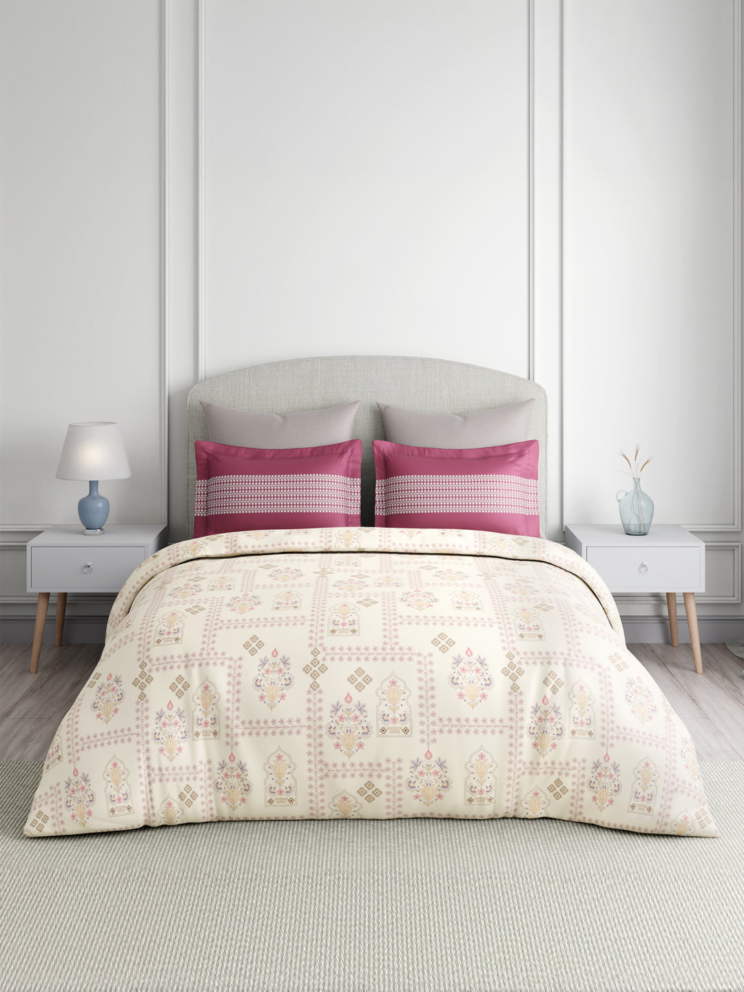 Valatia 100% Cotton 200 TC Karigari Printed Double Bedsheet with 2 Pillow Covers - Dark Pink & White