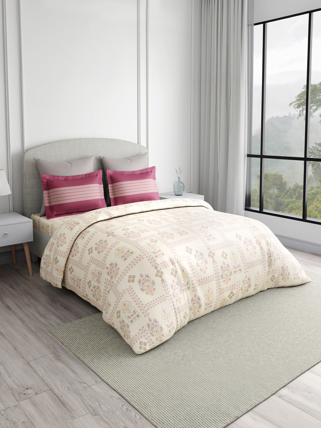 Valatia 100% Cotton 200 TC Karigari Printed Double Bedsheet with 2 Pillow Covers - Dark Pink & White