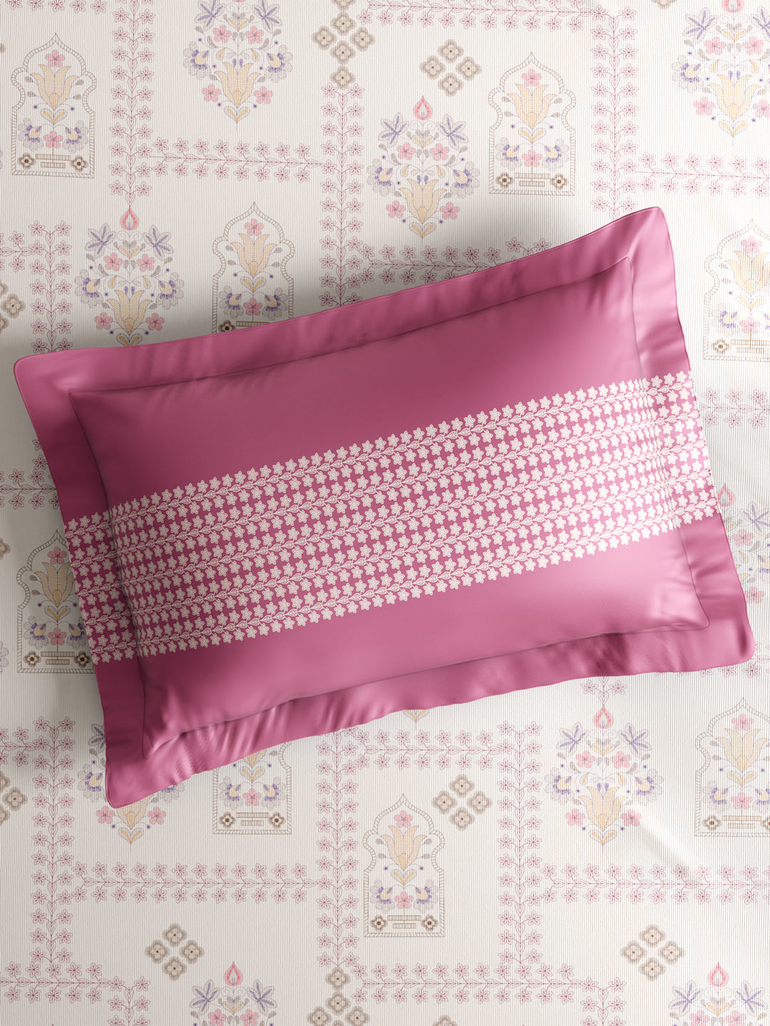 Valatia 100% Cotton 200 TC Karigari Printed Double Bedsheet with 2 Pillow Covers - Dark Pink & White