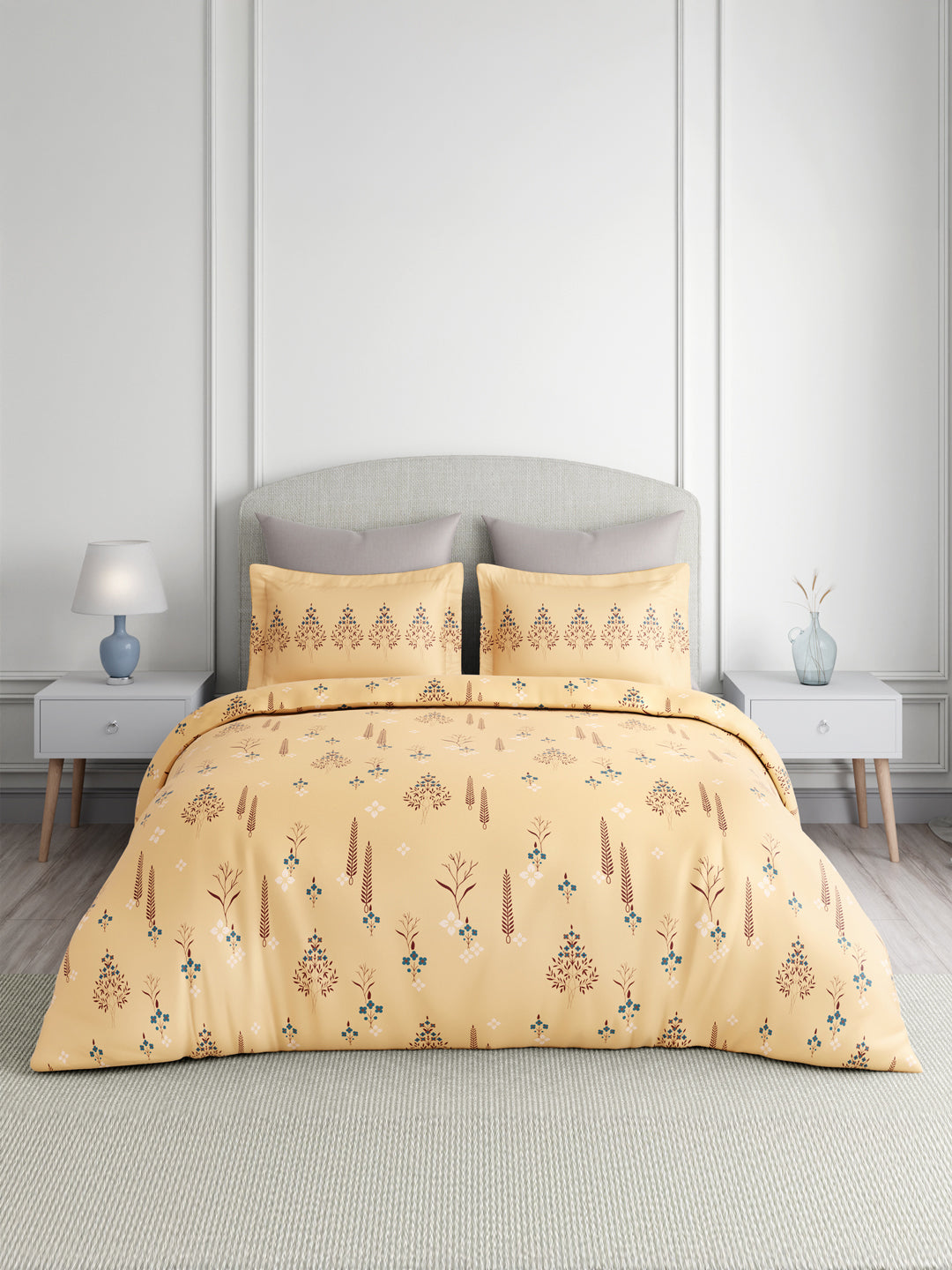 Valatia 100% Cotton 200 TC Karigari Printed Double Bedsheet with 2 Pillow Covers - Yellow