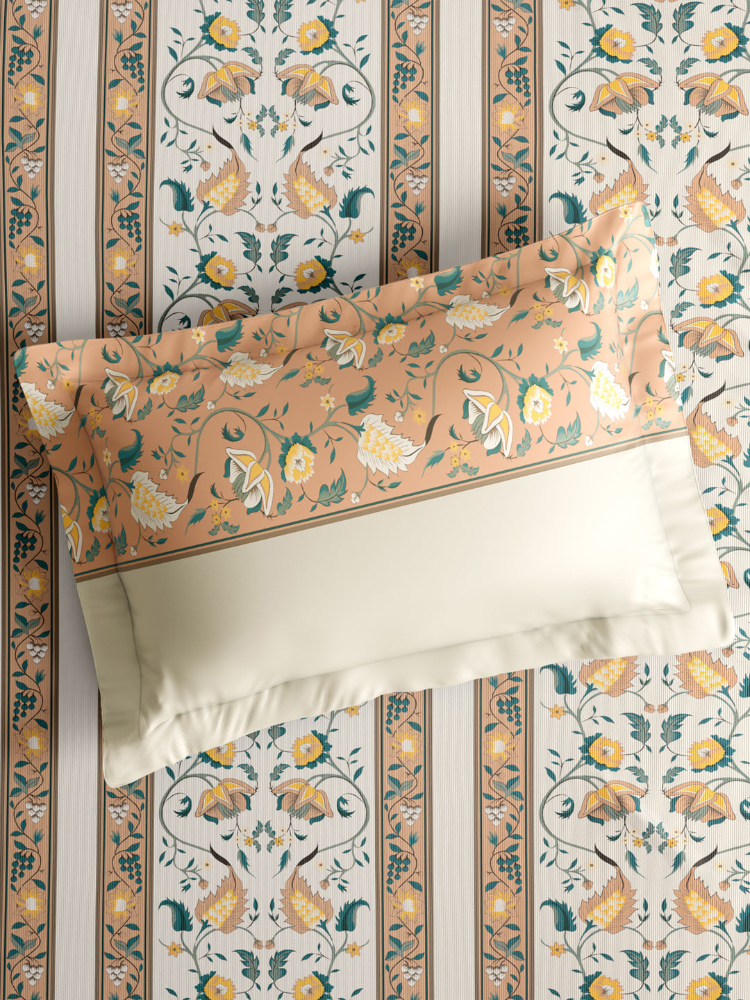 Valatia 100% Cotton 200 TC Karigari Printed Double Bedsheet with 2 Pillow Covers - Yellow & White