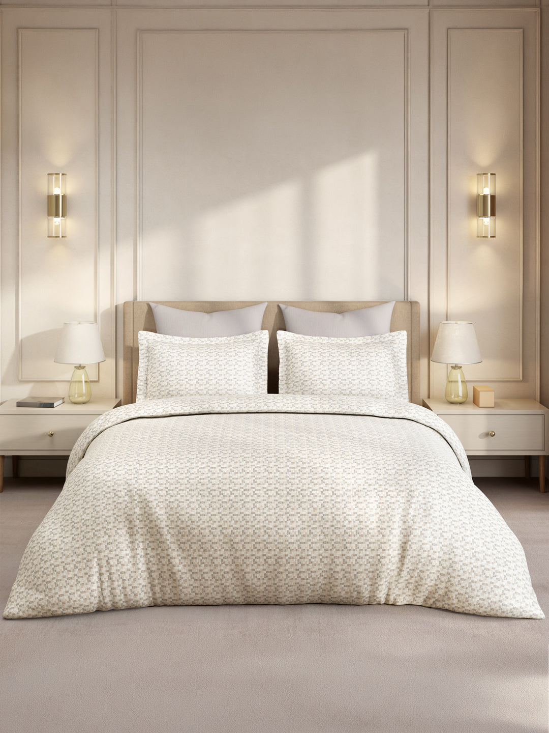 Gardenia Augusta 100% Cotton 300 TC Super King Bedsheet with 2 Pillow Covers | White & Beige Digitally Printed