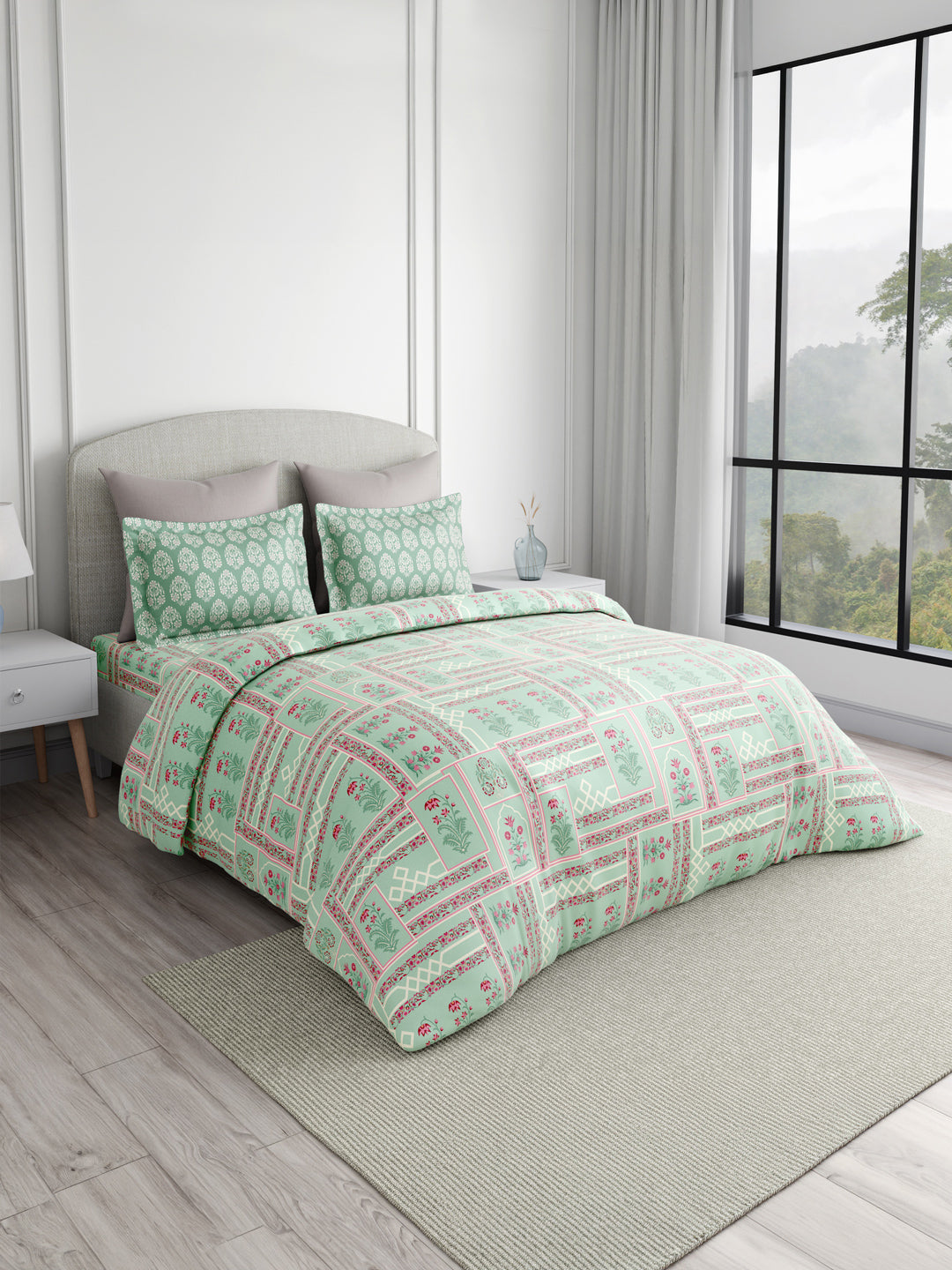 Valatia 100% Cotton 200 TC Karigari Printed Double Bedsheet with 2 Pillow Covers - Green & Pink