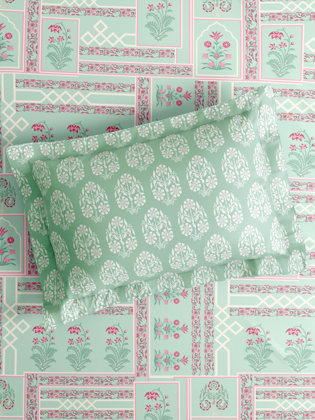 Valatia 100% Cotton 200 TC Karigari Printed Double Bedsheet with 2 Pillow Covers - Green & Pink