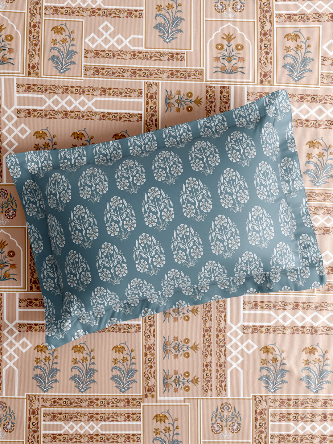 Valatia 100% Cotton 200 TC Karigari Printed Double Bedsheet with 2 Pillow Covers - Brown & Blue