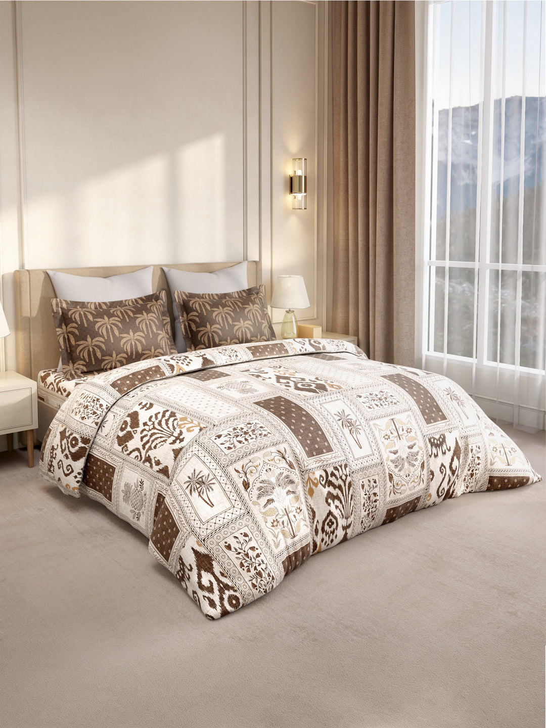Gardenia Augusta 100% Cotton 300 TC King Bedsheet with 2 Pillow Covers | Brown & White Digitally Printed