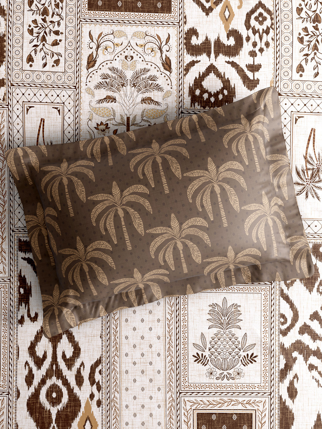 Gardenia Augusta 100% Cotton 300 TC King Bedsheet with 2 Pillow Covers | Brown & White Digitally Printed
