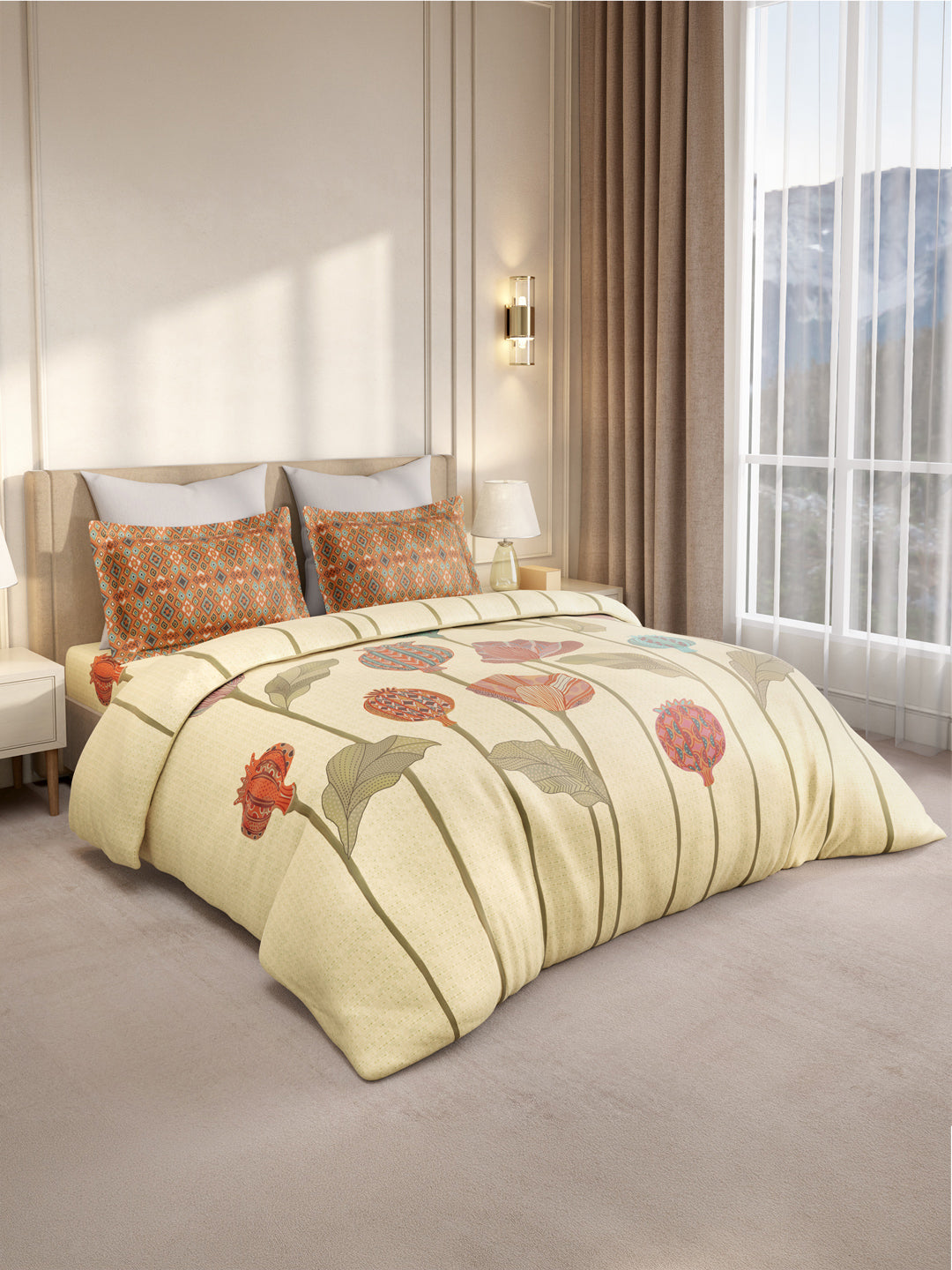Gardenia Augusta 100% Cotton 300 TC King Bedsheet with 2 Pillow Covers | Beige Digitally Printed