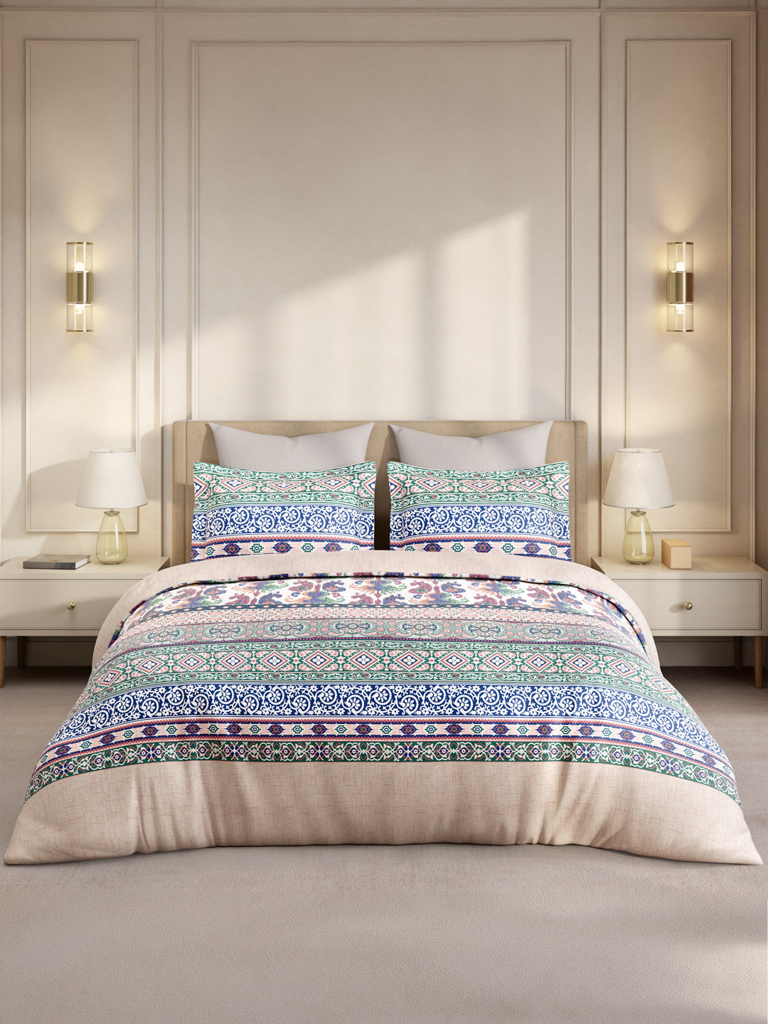 Gardenia Augusta 100% Cotton 300 TC King Bedsheet with 2 Pillow Covers | Blue Digitally Printed