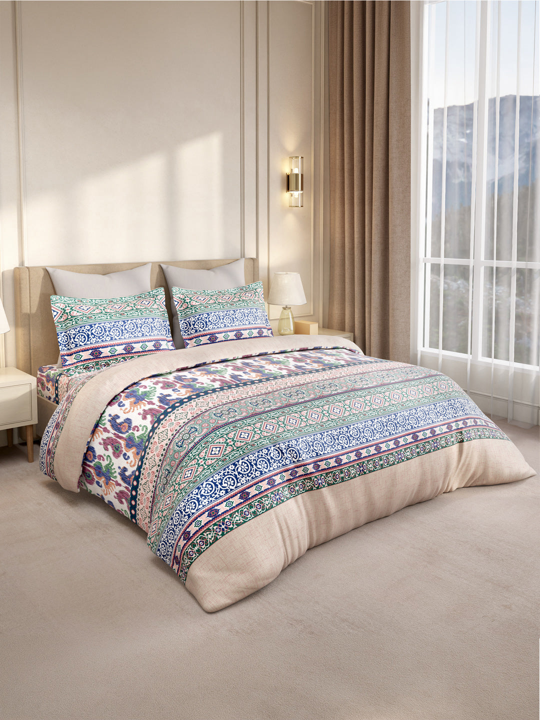 Gardenia Augusta 100% Cotton 300 TC King Bedsheet with 2 Pillow Covers | Blue Digitally Printed