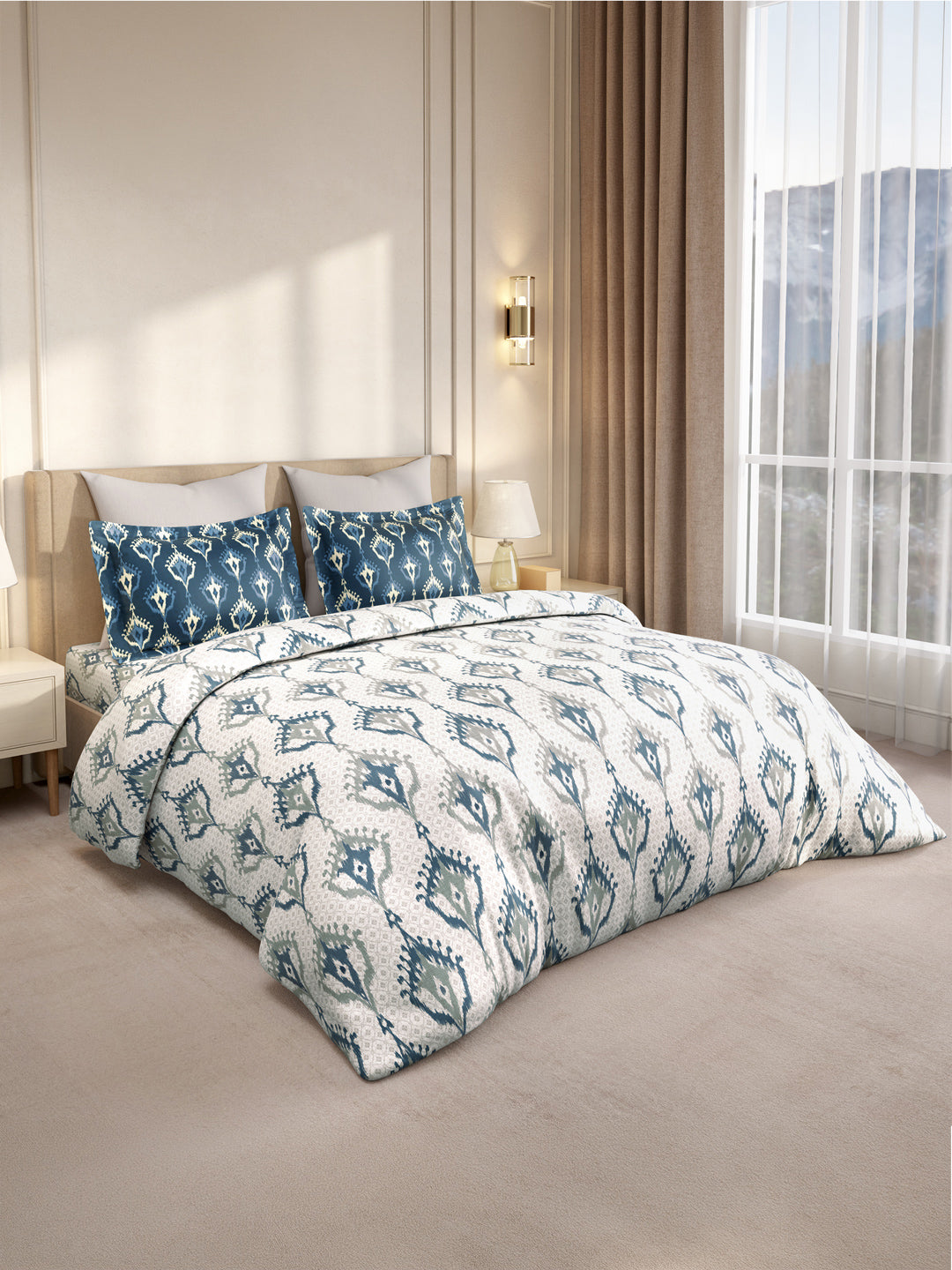 Gardenia Augusta 100% Cotton 300 TC King Bedsheet with 2 Pillow Covers | Blue & White Digitally Printed