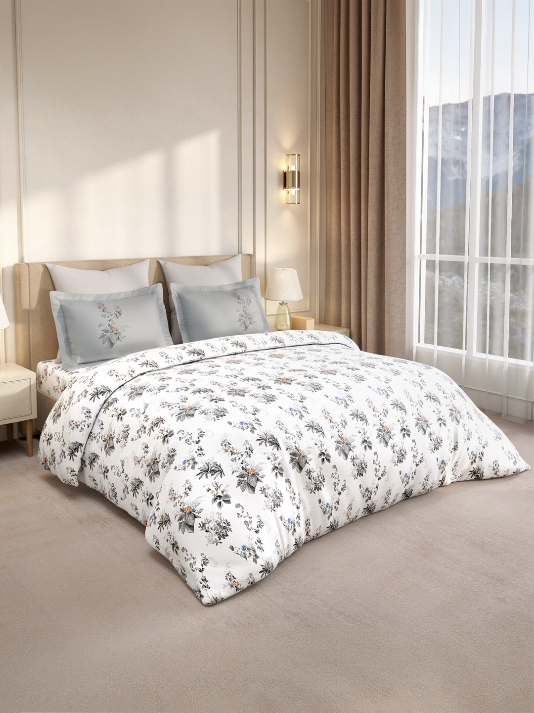 Gardenia Augusta 100% Cotton 300 TC King Bedsheet with 2 Pillow Covers | White & Grey Floral Digital Print