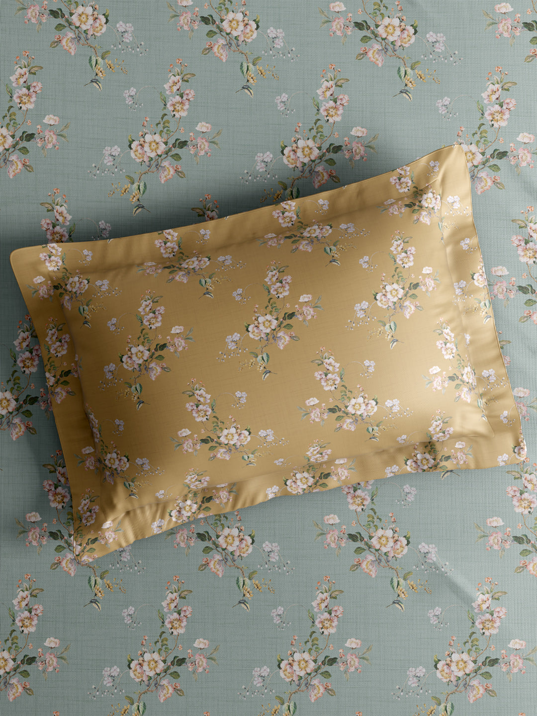 Gardenia Augusta 100% Cotton 300 TC King Bedsheet with 2 Pillow Covers | Yellow & Grey Floral Digital Print