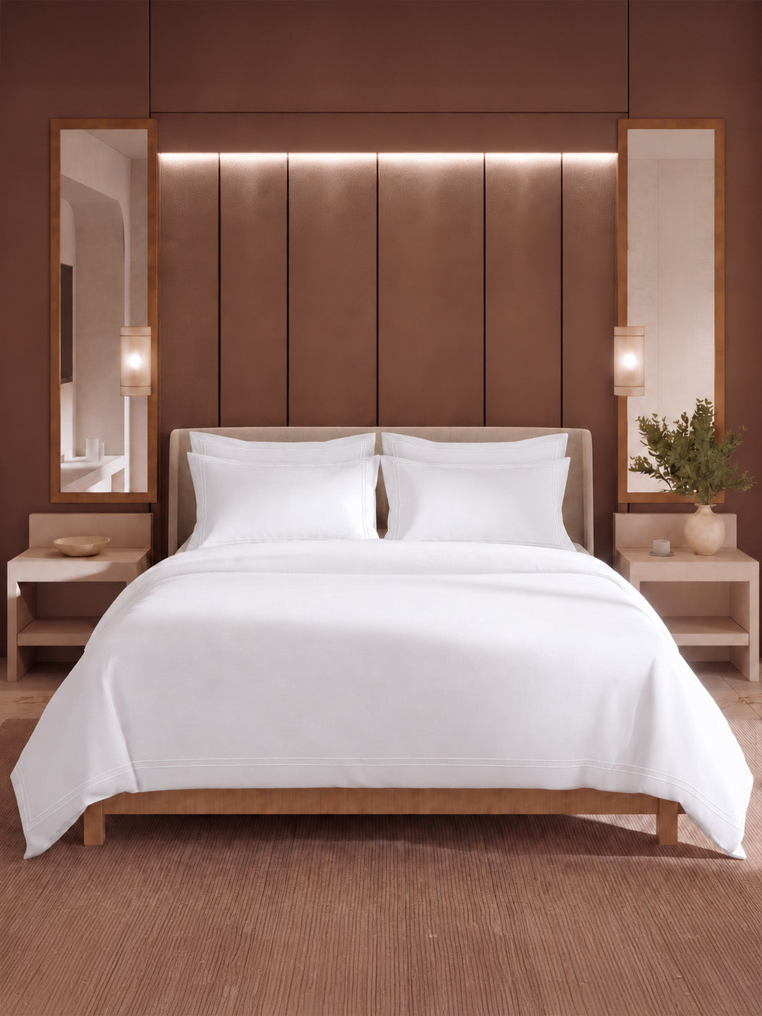 100% Cotton 300 TC, King Size Dyed Bedsheet with 1 Duvet Cover and 4 Pillow Covers, Emblem Collection - Bright White