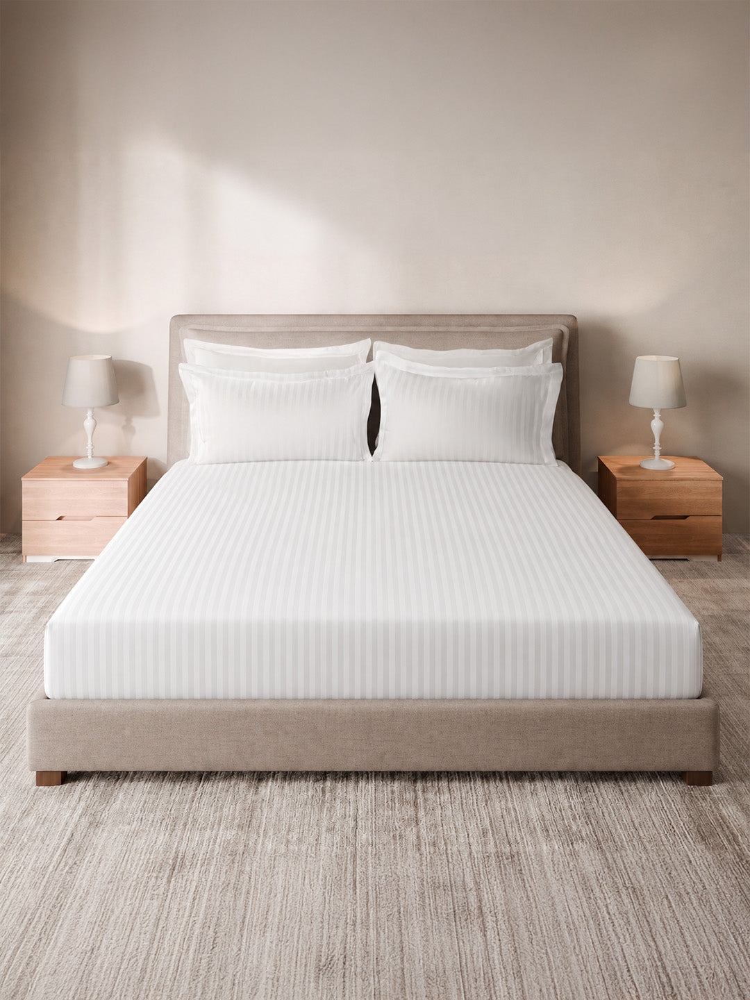 Emblem 100% Cotton 300 TC King Bedsheet with 2 Pillow Covers | White Stripes Bedsheet Set