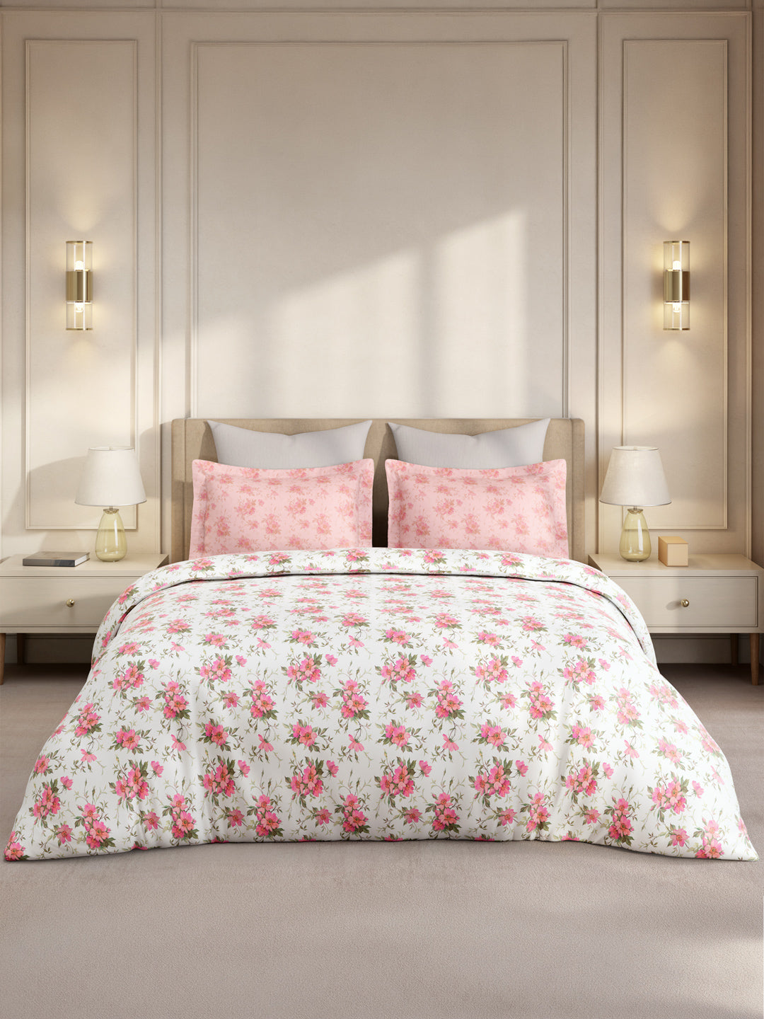 Gardenia Augusta 100% Cotton 300 TC King Bedsheet with 2 Pillow Covers | White & Pink Floral Digital Print