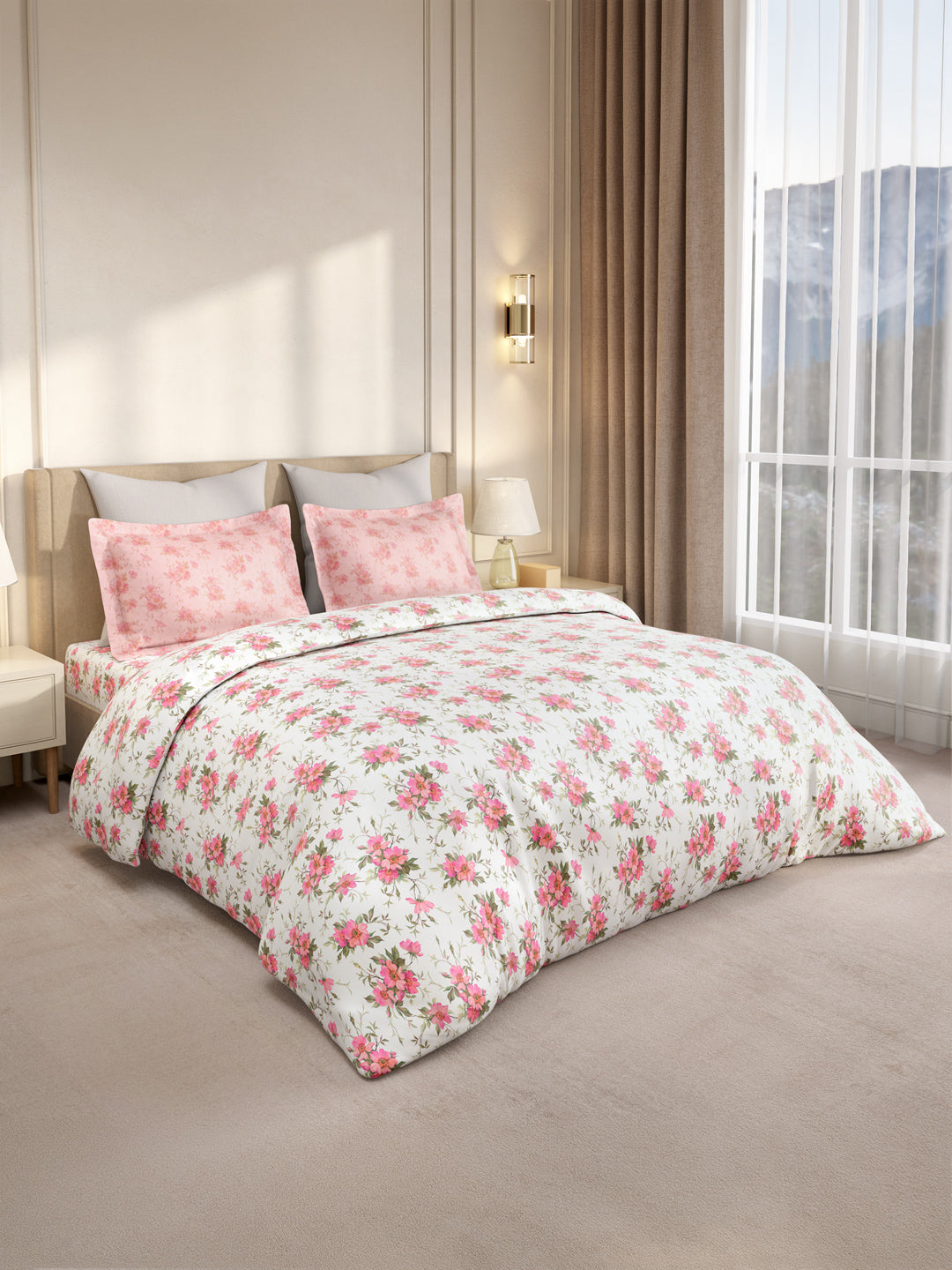 Gardenia Augusta 100% Cotton 300 TC King Bedsheet with 2 Pillow Covers | White & Pink Floral Digital Print