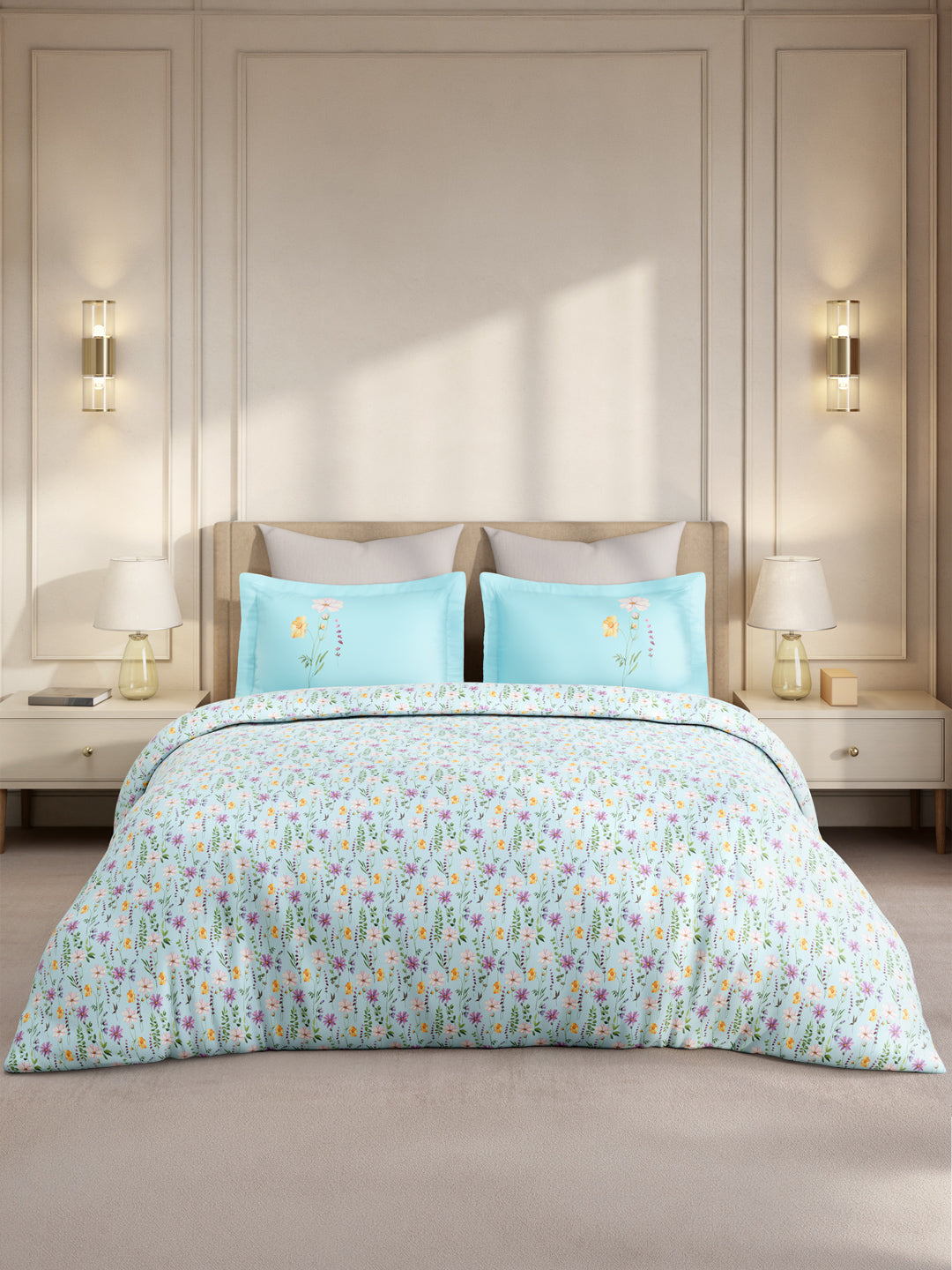 Gardenia Augusta 100% Cotton 300 TC King Bedsheet with 2 Pillow Covers | Blue Floral Digital Print