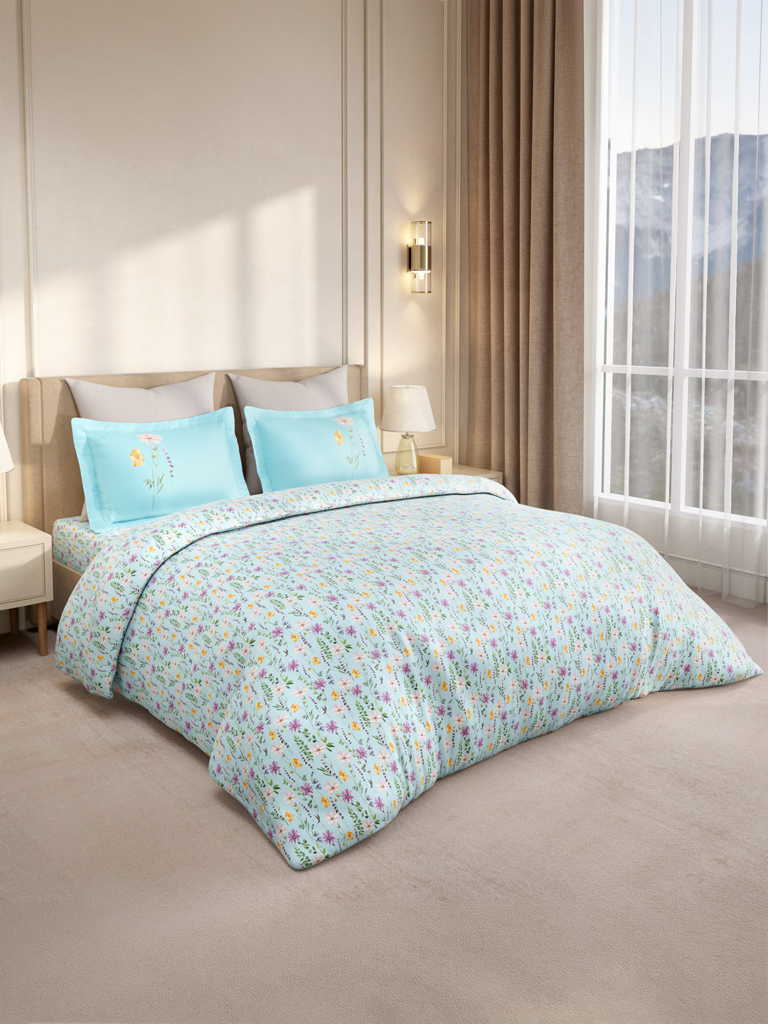 Gardenia Augusta 100% Cotton 300 TC King Bedsheet with 2 Pillow Covers | Blue Floral Digital Print