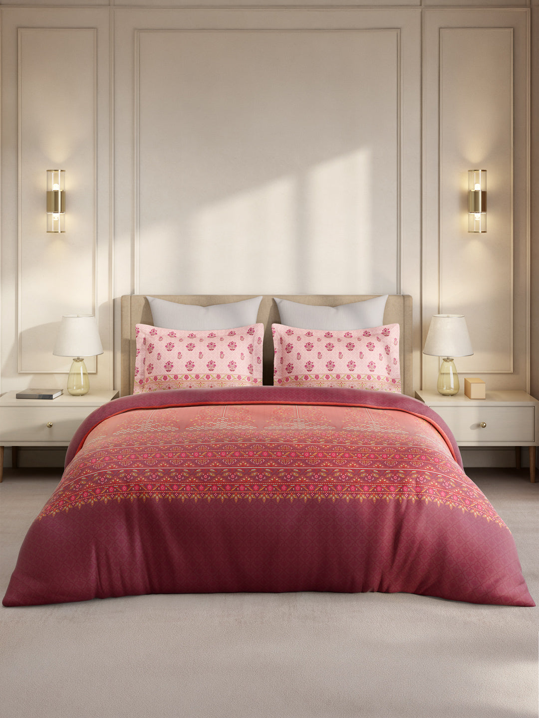 Gardenia Augusta 100% Cotton 300 TC King Bedsheet with 2 Pillow Covers | Pink Digital Ethnic Print