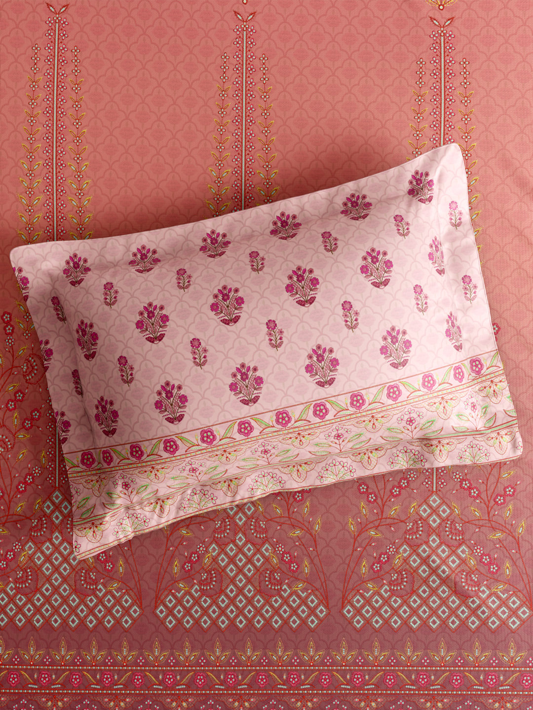 Gardenia Augusta 100% Cotton 300 TC King Bedsheet with 2 Pillow Covers | Pink Digital Ethnic Print