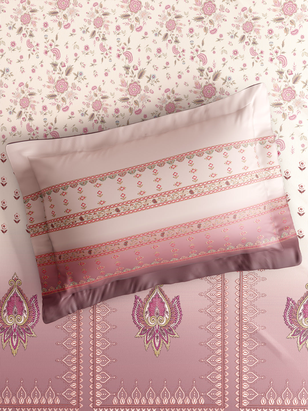 Gardenia Augusta 100% Cotton 300 TC King Bedsheet with 2 Pillow Covers | Pink & White Digital Ethnic Print