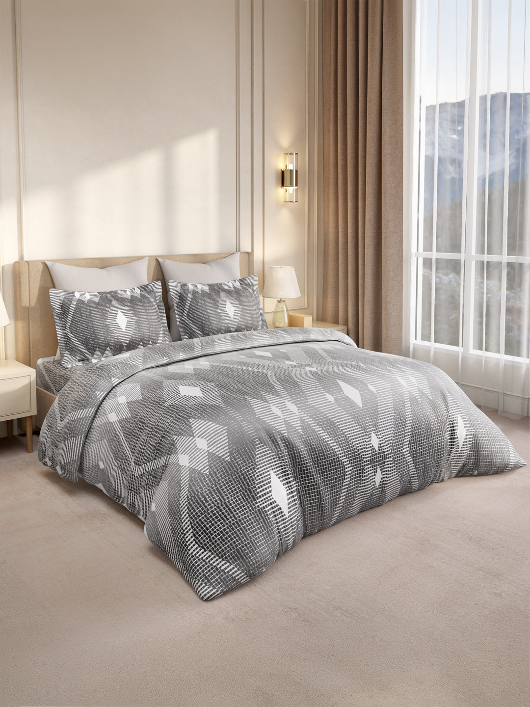 Gardenia Augusta 100% Cotton 300 TC King Bedsheet with 2 Pillow Covers | Grey Geometric Digital Print
