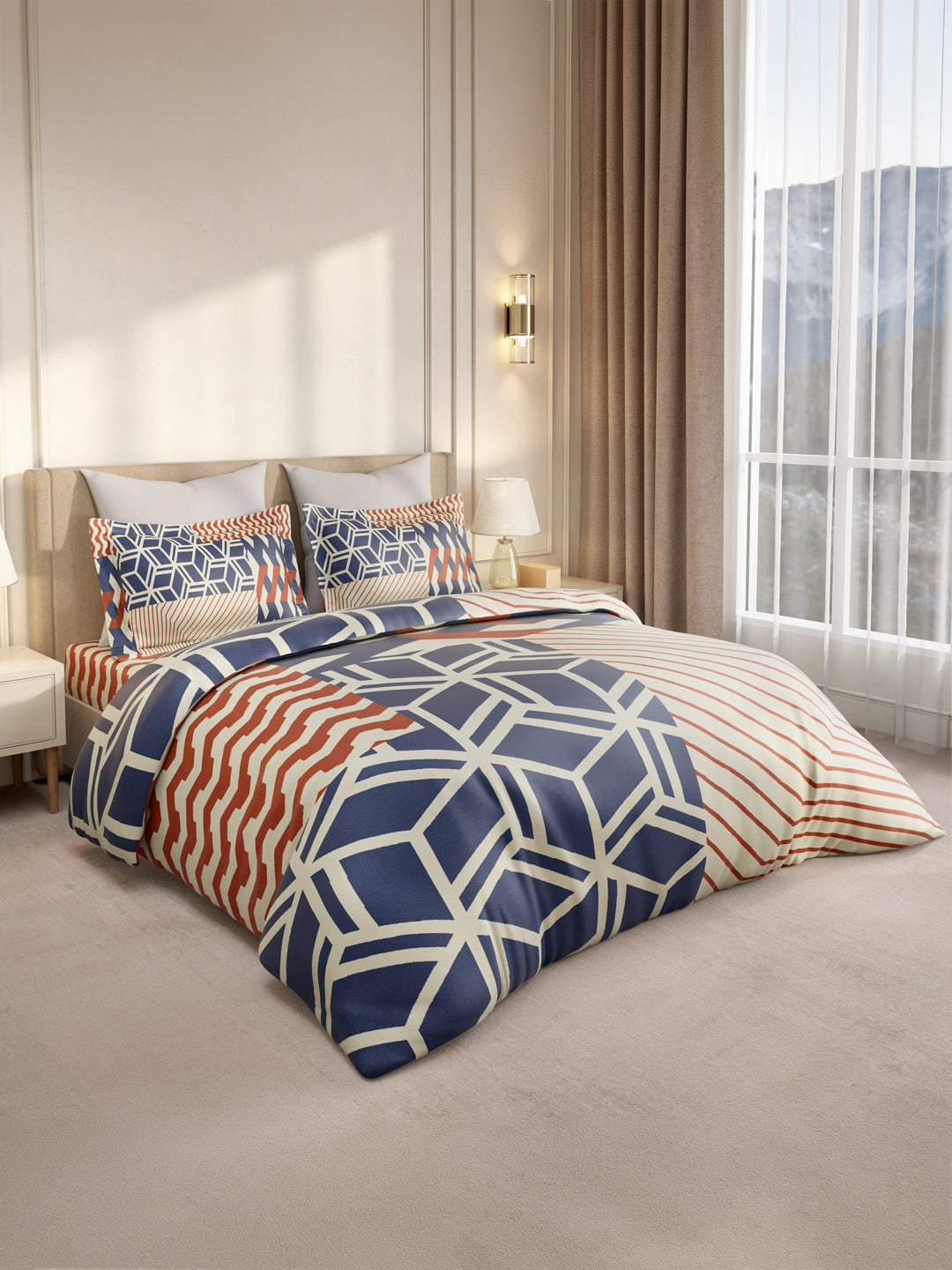 Gardenia Augusta 100% Cotton 300 TC King Bedsheet with 2 Pillow Covers | Blue & Red Geometric Print