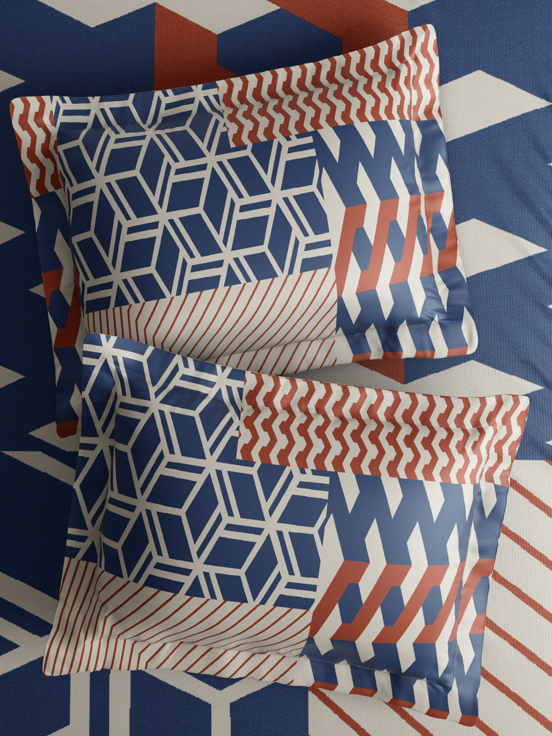 Gardenia Augusta 100% Cotton 300 TC King Bedsheet with 2 Pillow Covers | Blue & Red Geometric Print