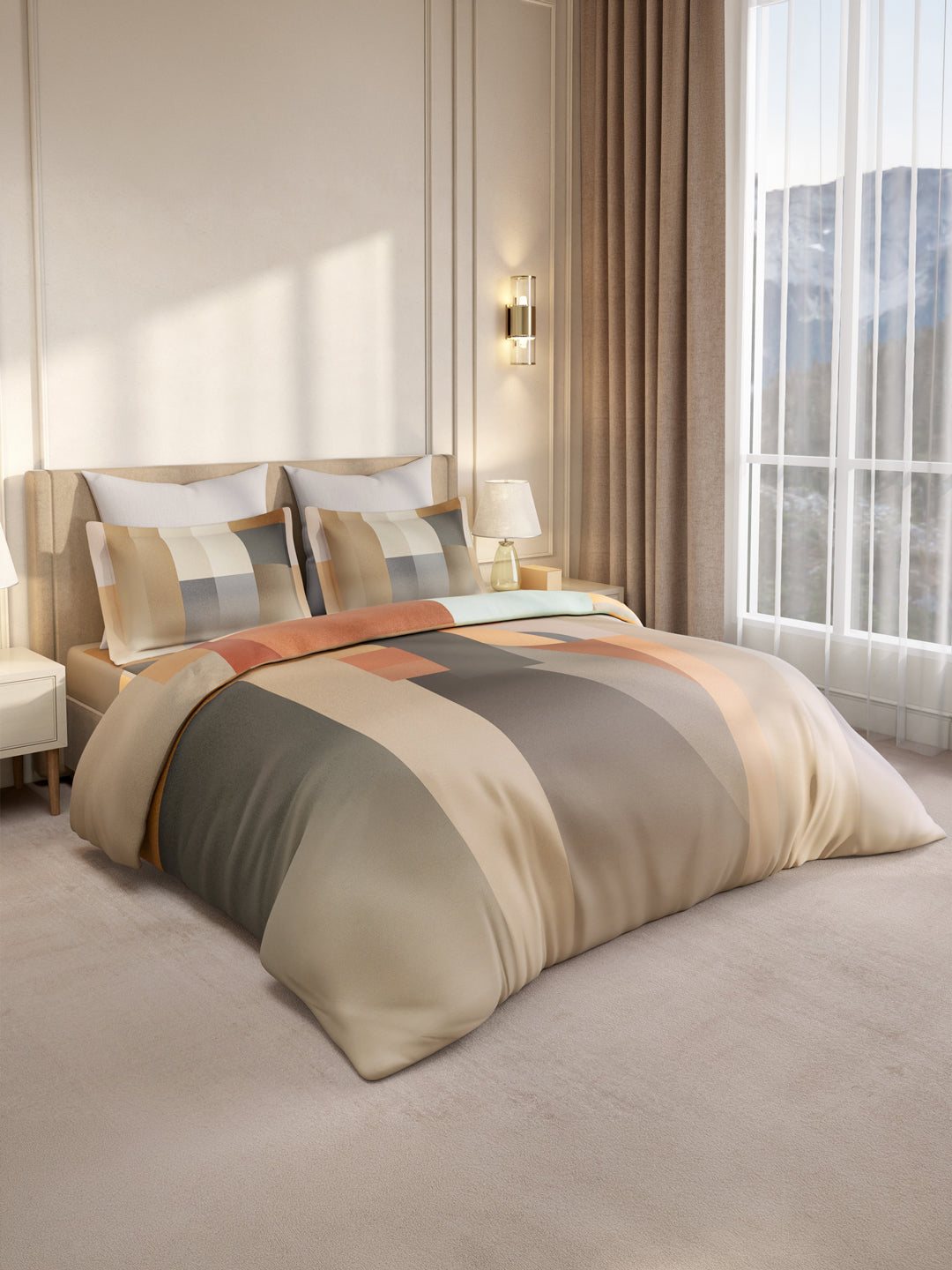 Gardenia Augusta 100% Cotton 300 TC King Bedsheet with 2 Pillow Covers | Grey & Beige Digitally Printed