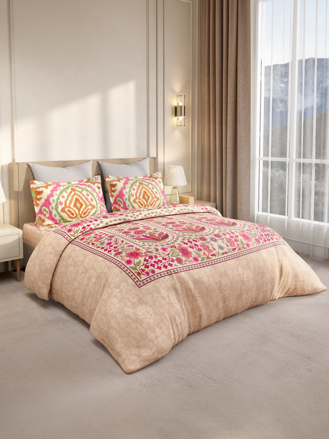 Gardenia Augusta 100% Cotton 300 TC King Bedsheet with 2 Pillow Covers | Pink Digitally Printed