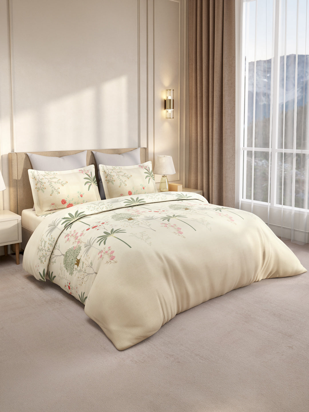 Gardenia Augusta 100% Cotton 300 TC Cream & Green Digital Floral Print King Bedsheet with 2 Pillow Covers