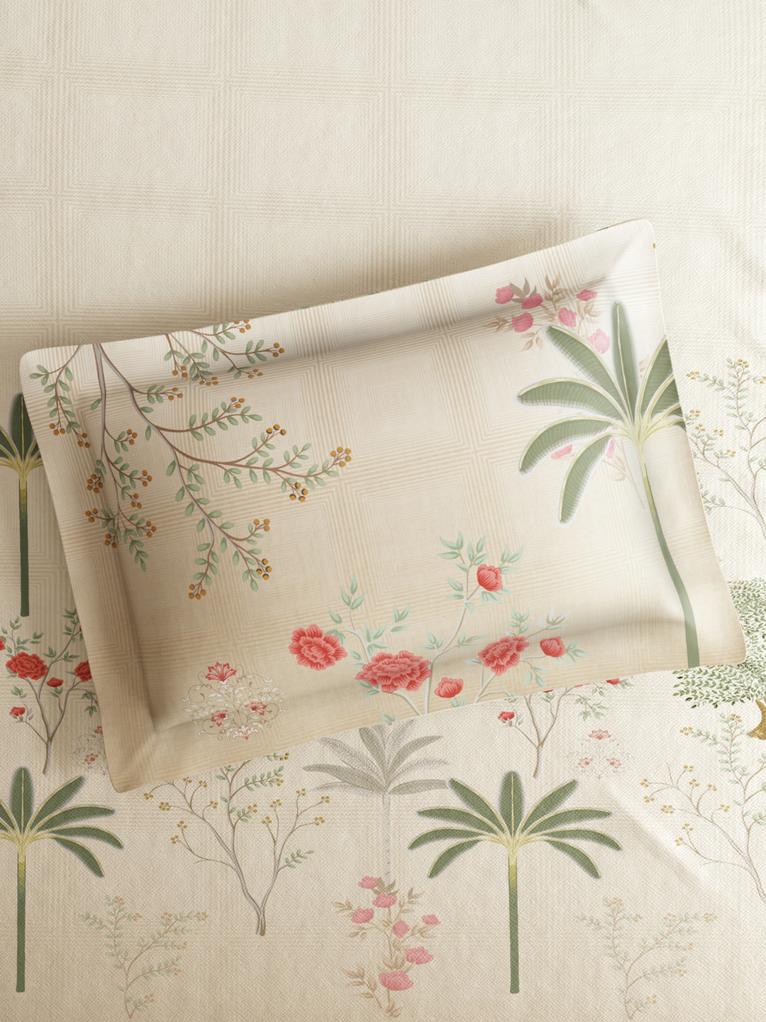 Gardenia Augusta 100% Cotton 300 TC Cream & Green Digital Floral Print King Bedsheet with 2 Pillow Covers