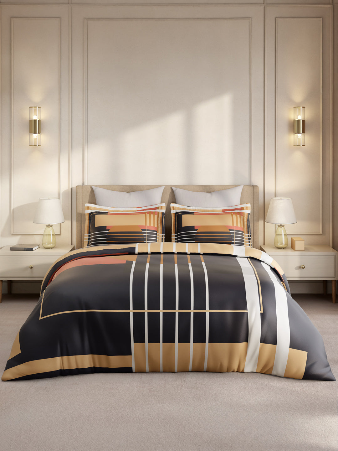 Gardenia Augusta 100% Cotton 300 TC King Bedsheet with 2 Pillow Covers | Blue Geometric Print