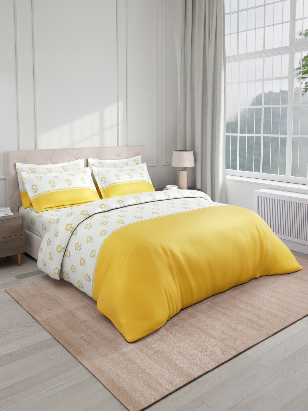 Royal Essence 100% Cotton 400 TC Yellow & White Floral King Bedsheet with 4 Pillow Covers & 2 Cushion Covers
