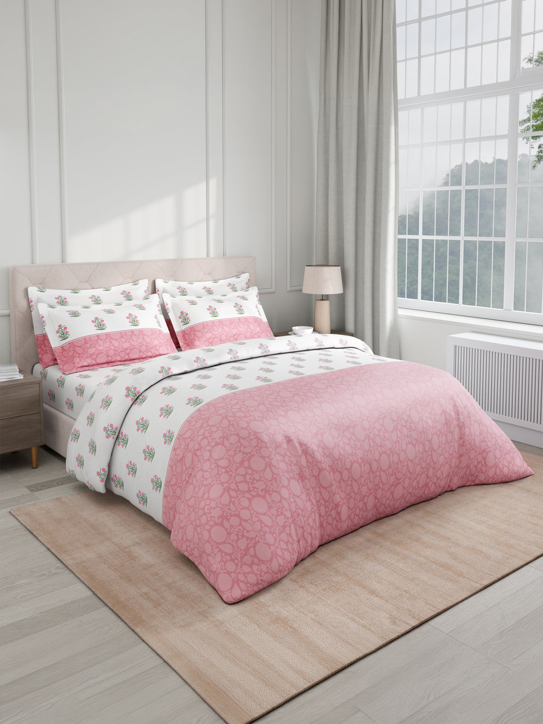 Royal Essence 100% Cotton 400 TC Pink & White Floral King Bedsheet with 4 Pillow Covers & 2 Cushion Covers