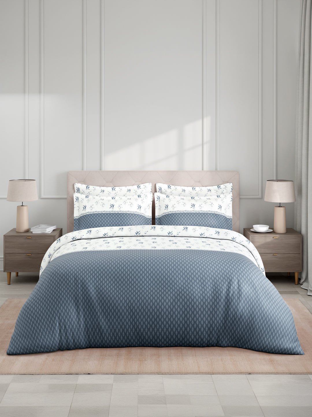 Royal Essence 100% Cotton 400 TC Blue & White Floral King Bedsheet with 4 Pillow Covers & 2 Cushion Covers