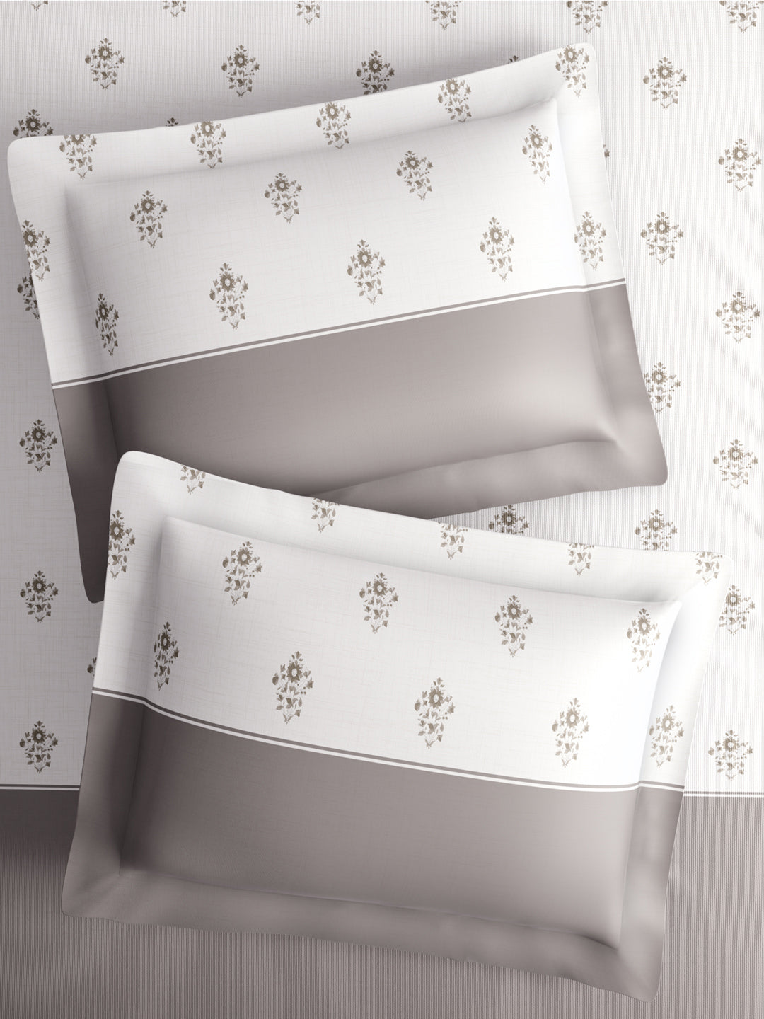 Royal Essence 100% Cotton 400 TC Grey & White Floral King Bedsheet with 4 Pillow Covers & 2 Cushion Covers