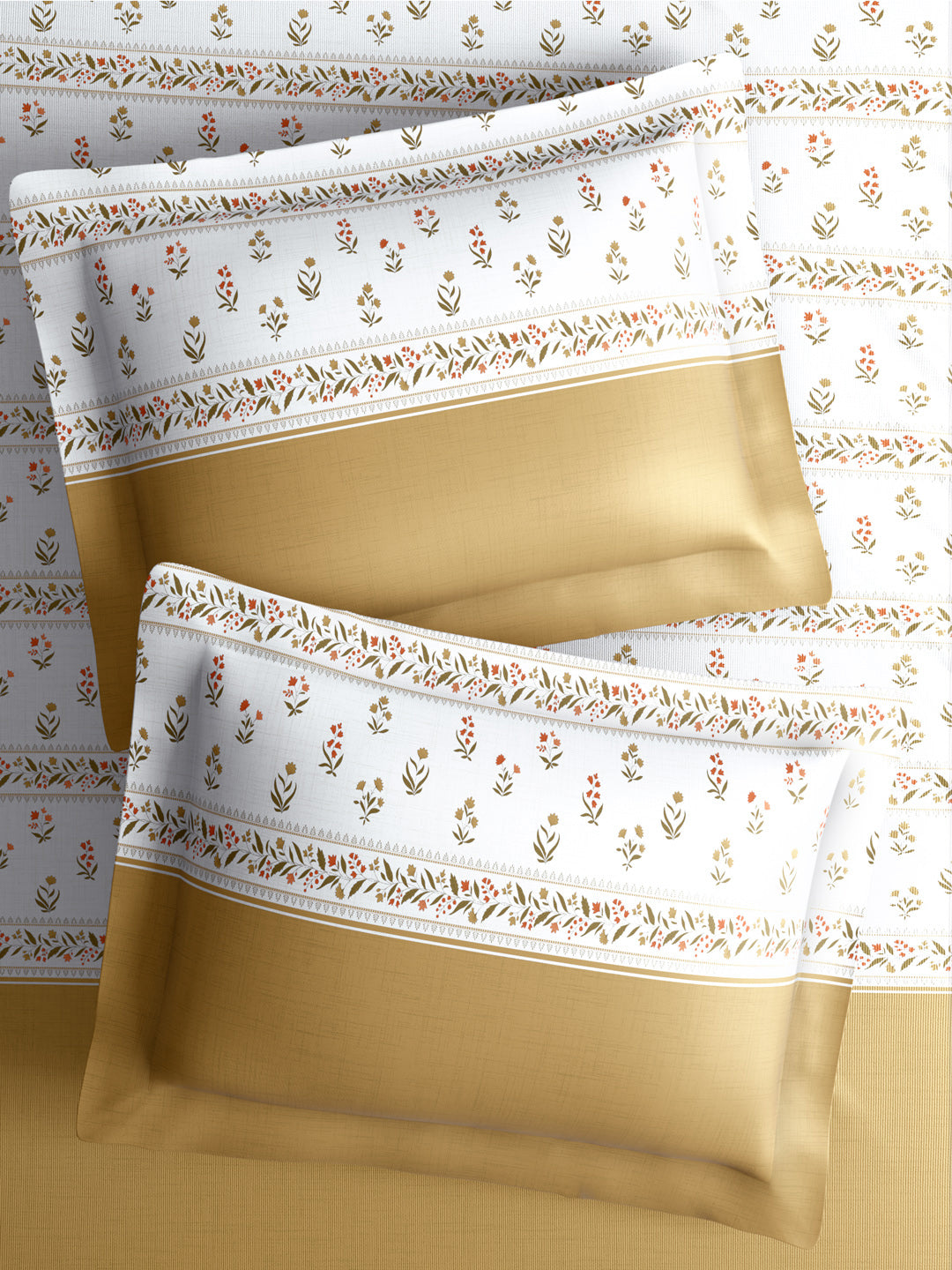 Royal Essence 100% Cotton 400 TC Dark Yellow & White Floral King Bedsheet with 4 Pillow Covers & 2 Cushion Covers