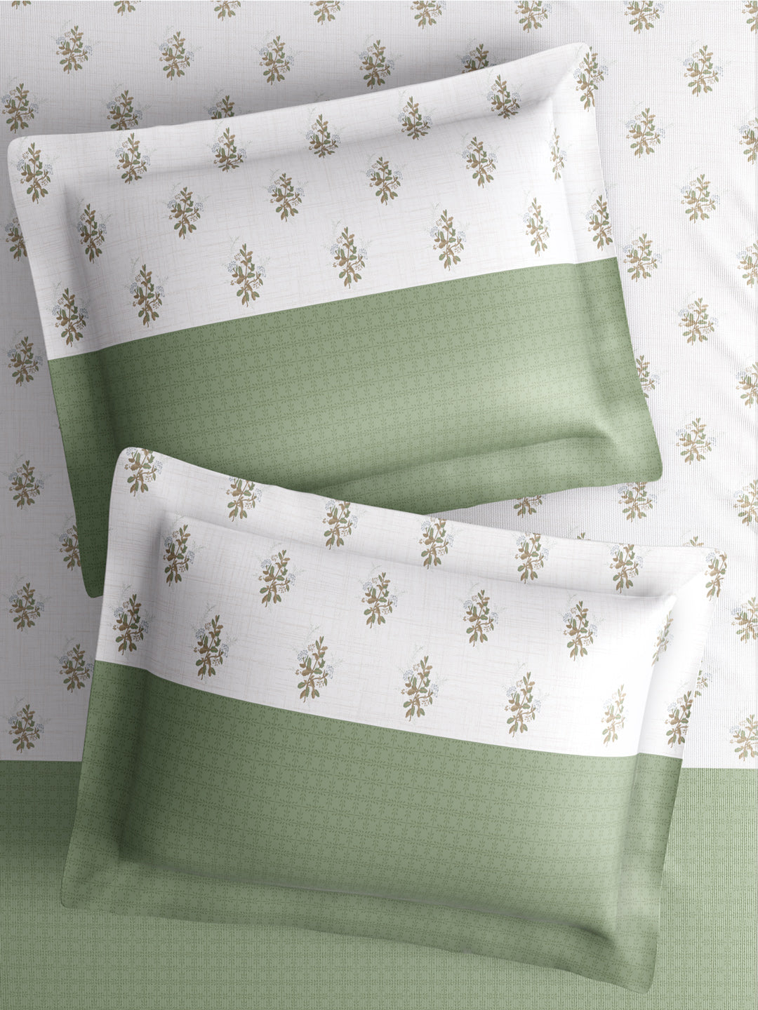 Royal Essence 100% Cotton 400 TC Green & White Floral King Bedsheet with 4 Pillow Covers & 2 Cushion Covers