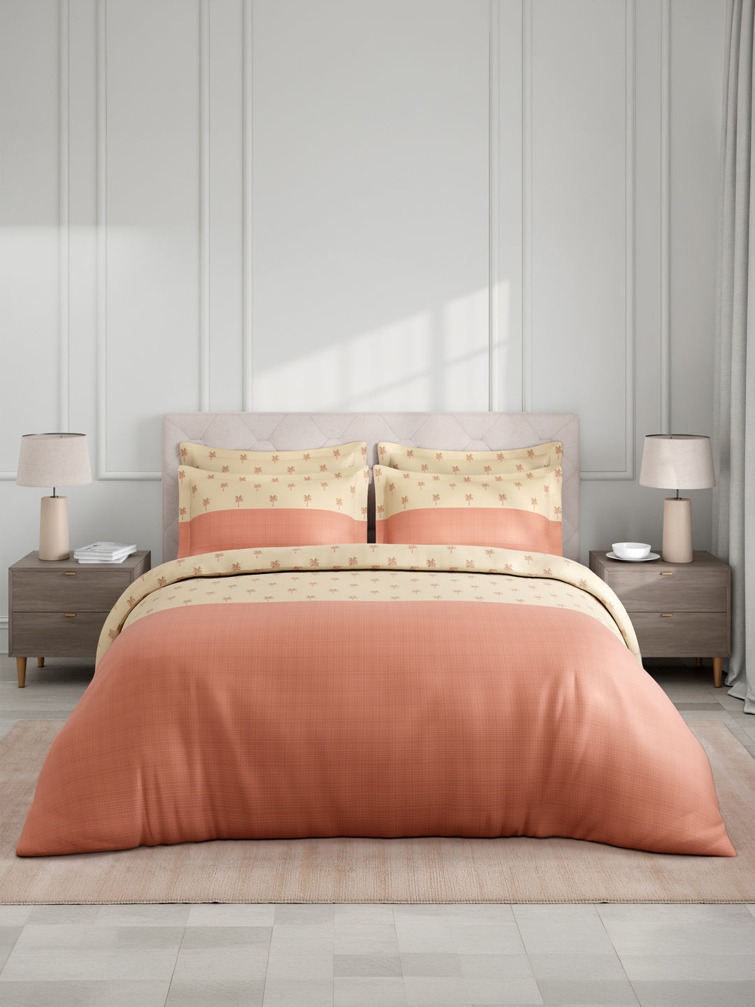 Royal Essence 100% Cotton 400 TC Peach Floral King Bedsheet with 4 Pillow Covers & 2 Cushion Covers