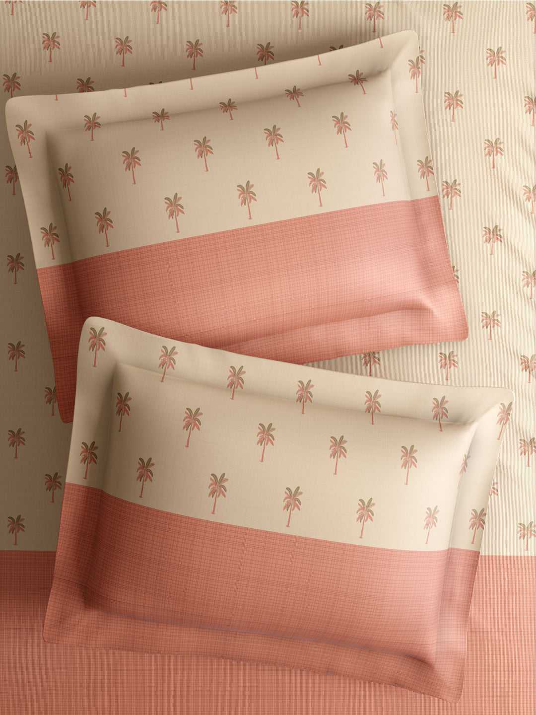 Royal Essence 100% Cotton 400 TC Peach Floral King Bedsheet with 4 Pillow Covers & 2 Cushion Covers