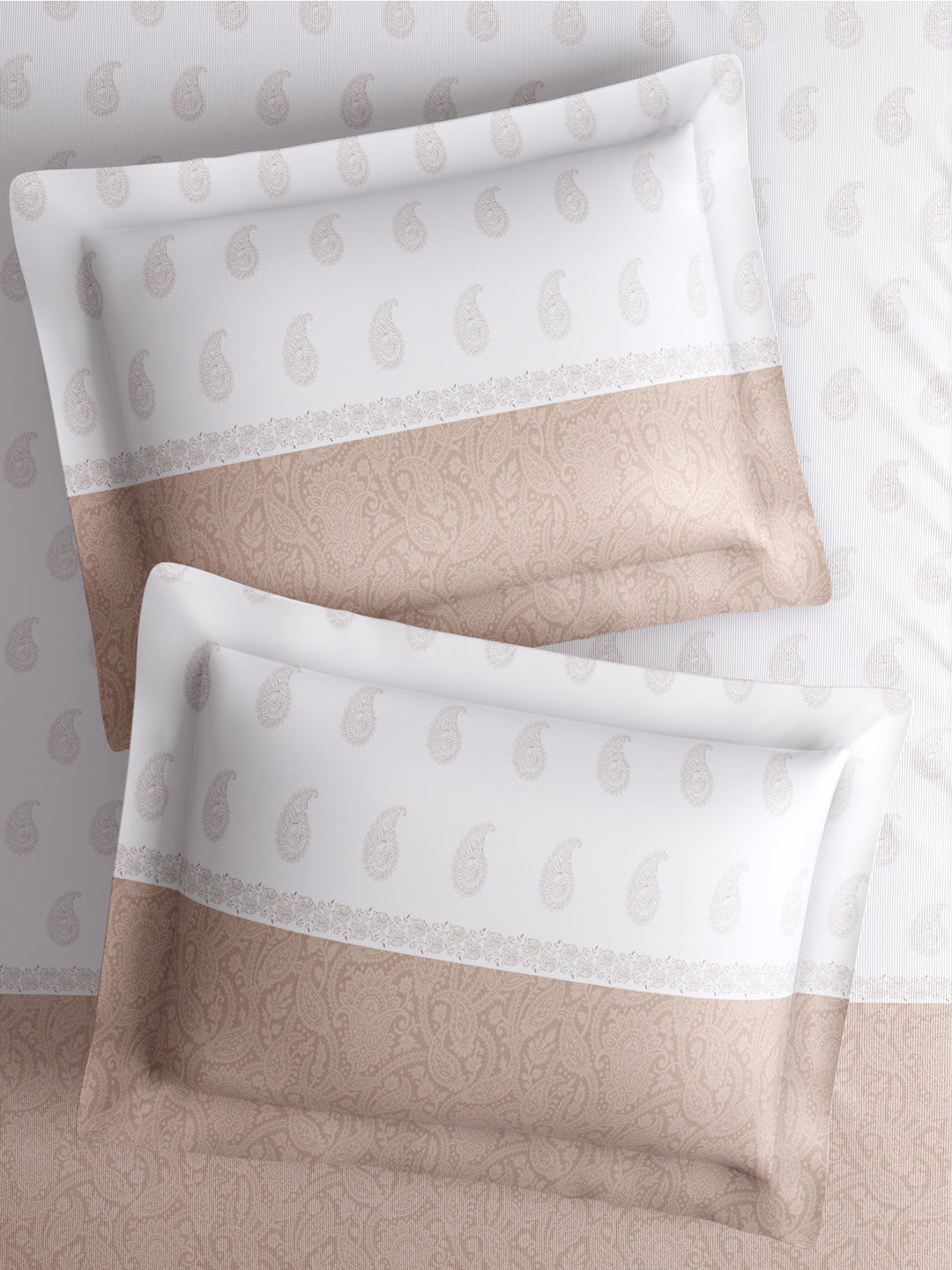 Royal Essence 100% Cotton 400 TC Beige & White Ethnic Print King Bedsheet with 4 Pillow Covers & 2 Cushion Covers