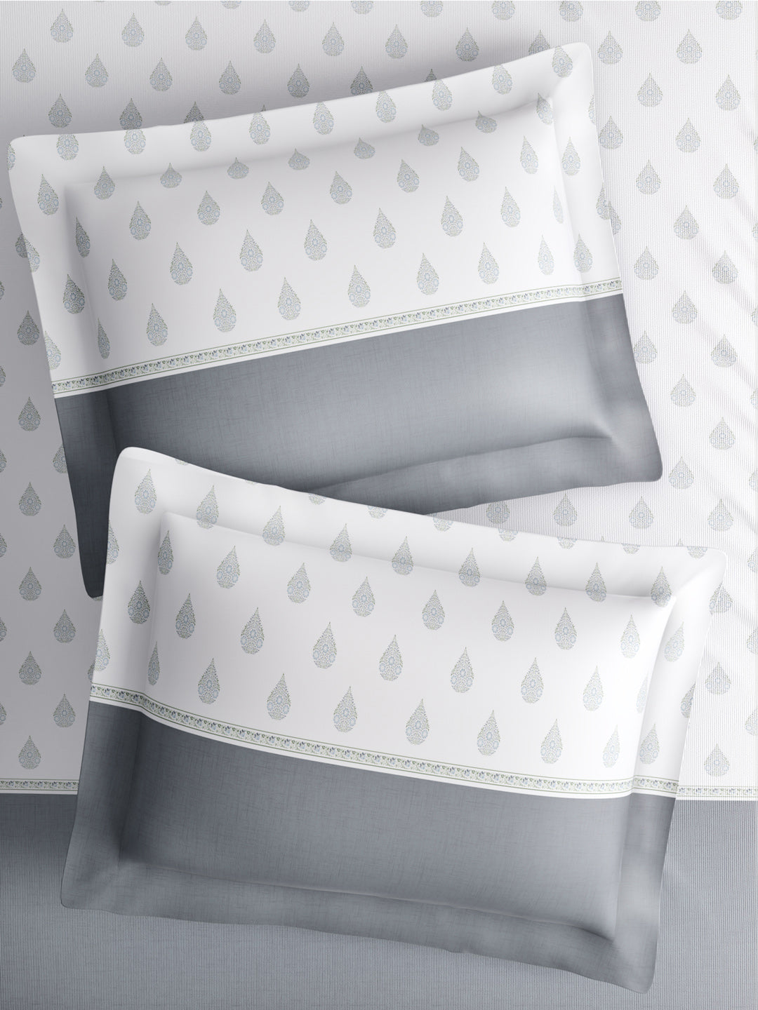 Royal Essence 100% Cotton 400 TC Grey & White Ethnic Print King Bedsheet with 4 Pillow Covers & 2 Cushion Covers