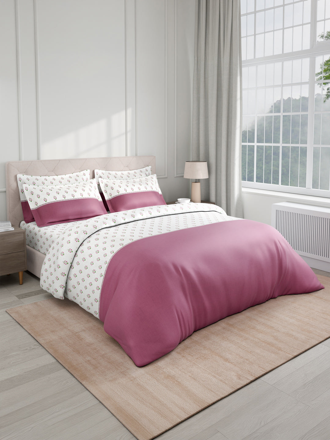 Royal Essence 100% Cotton 400 TC Pink & White Ethnic Print King Bedsheet with 4 Pillow Covers & 2 Cushion Covers