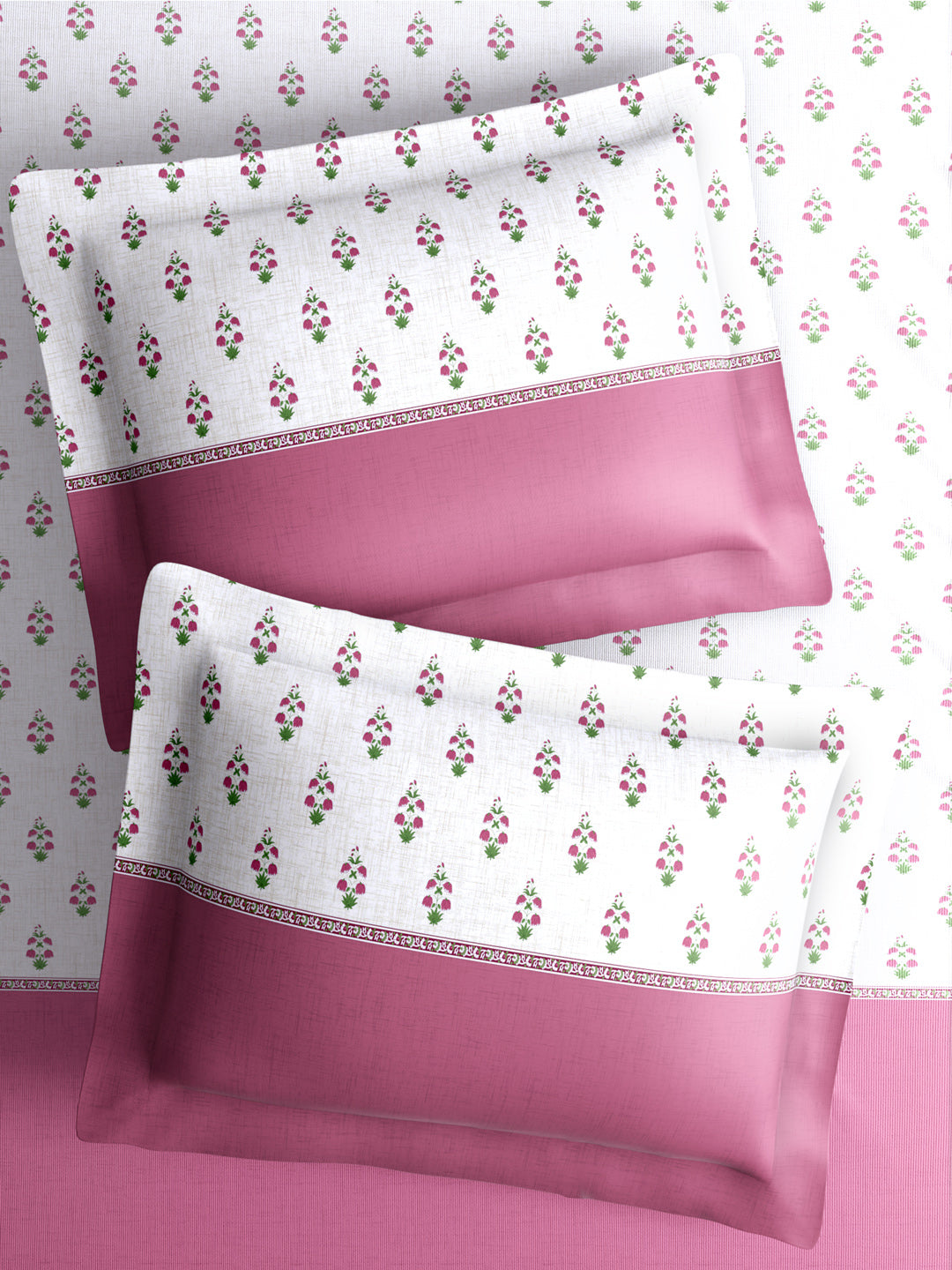 Royal Essence 100% Cotton 400 TC Pink & White Ethnic Print King Bedsheet with 4 Pillow Covers & 2 Cushion Covers